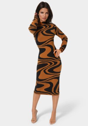 Jacquard Funnel Midi Sweater Dress