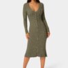 Button Front V-Neck Sweater Midi Dress